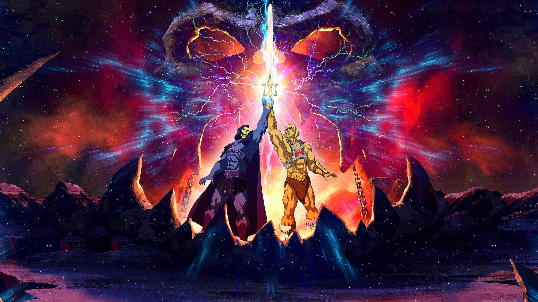 A dramatic, cinematic concept art of He-Man holding the Power Sword aloft, standing on a rocky Eternian cliff with Castle Grayskull looming in the background, golden sunset lighting, epic fantasy mood
